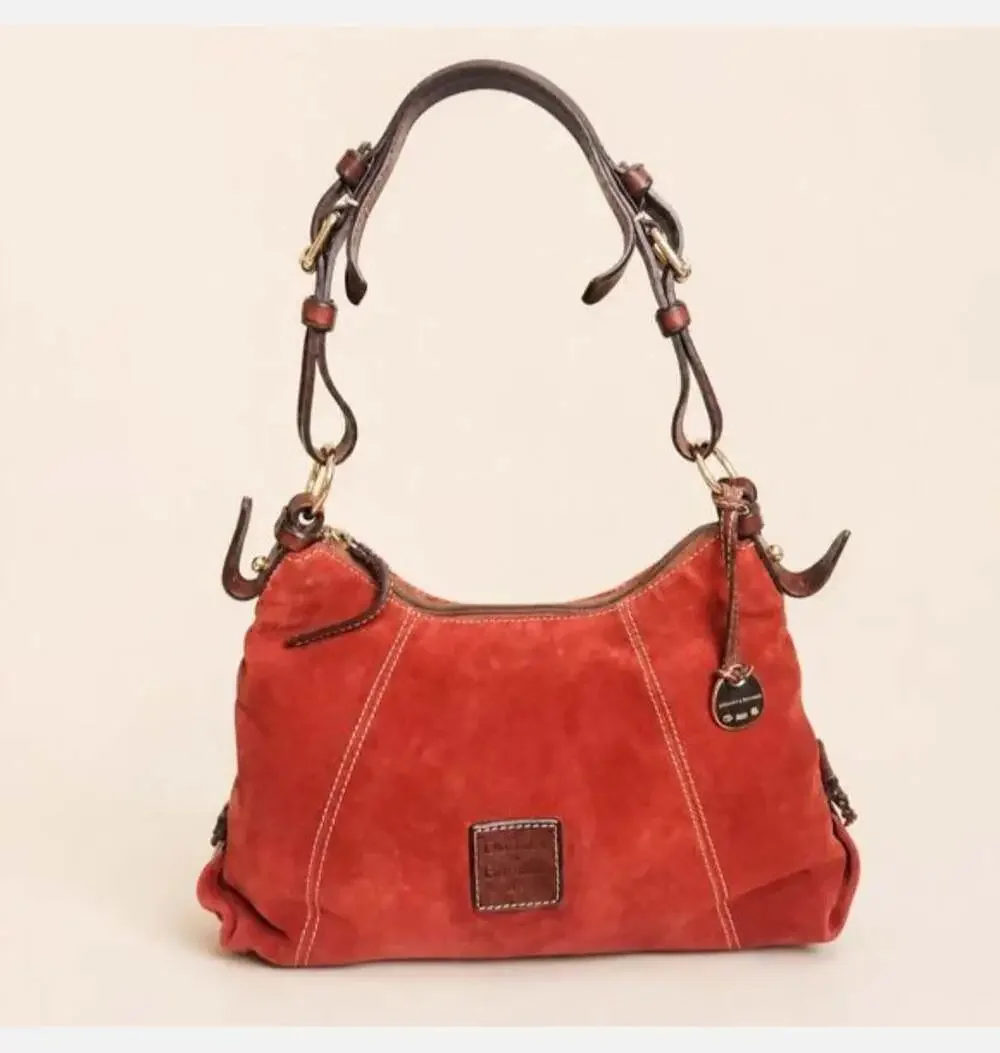 Dooney & Bourke Red Suede Hobo Shoulder Bag with Brown Leather Trim